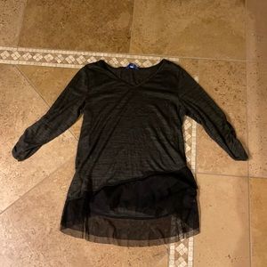 Hunter green asymmetrical casual top black mesh